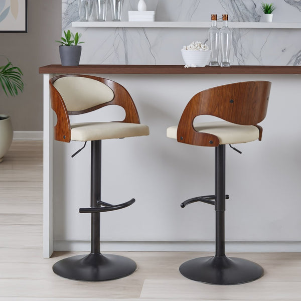 English Elm Adjustable Swivel Barstools Mid-century Modern Walnut and Cream Faux Leather Set of 2 B202S02184