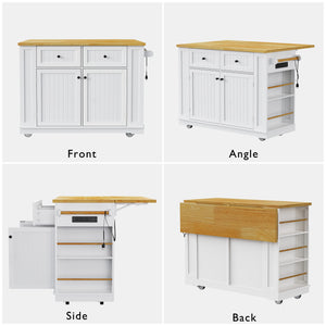 English Elm K&K 48 Inch Kitchen Island Cart with Drop Leaf, Built-In Power Station, Adjustable Shelves & Wheels White N707P257057W