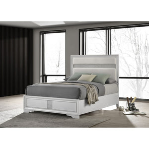 English Elm Annie Glam Queen Bed Glittering Stripe Upholstered Headboard Padded White Panel Frame B062S01599