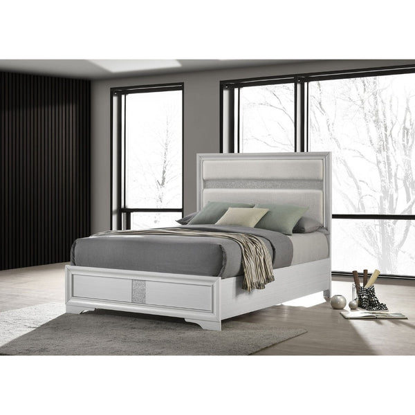 English Elm Annie Glam Queen Bed Glittering Stripe Upholstered Headboard Padded White Panel Frame B062S01599
