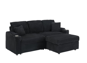 English Elm 80" Corduroy Three-seat Sofa with Pull-out Chaise Footstool and Built-in Cup Holders W3356P324056