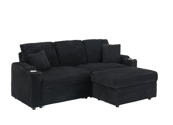 English Elm 80" Corduroy Three-seat Sofa with Pull-out Chaise Footstool and Built-in Cup Holders W3356P324056