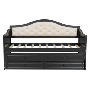 English Elm Twin Daybed with Trundle and 2 Storage Drawers, Upholstered Button-Tufted Sofa Bed for Guest Room Comfort and Organization Black 45.25 L x 19 W x 8 H N733S346767P