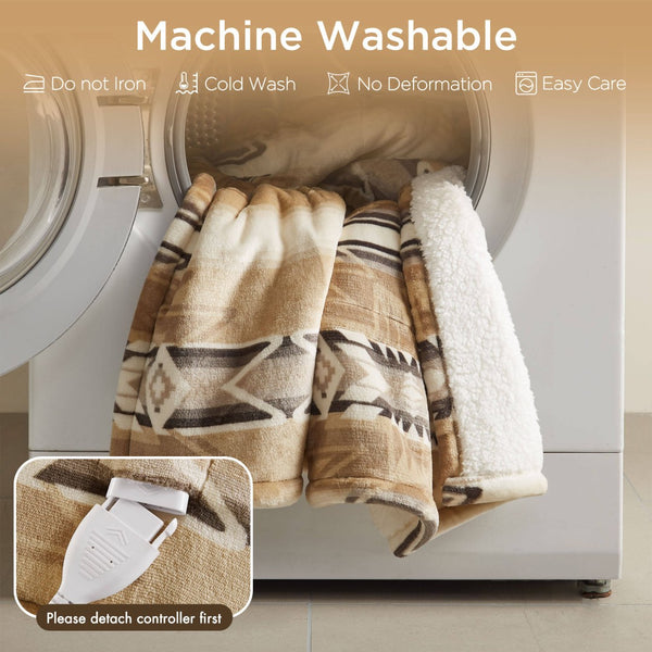 English Elm 1-piece Aztec Heated Throw with 12 Settings Auto Shutoff Soft Ivory Boho Blanket Multicolor B035P408334