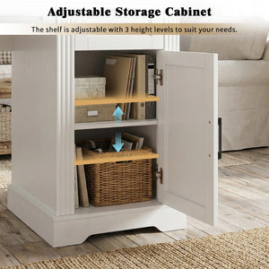 English Elm 59" Fluted Oak L-shaped Corner Desk with Charging Station Monitor Stand and File Storage White W2917S00006