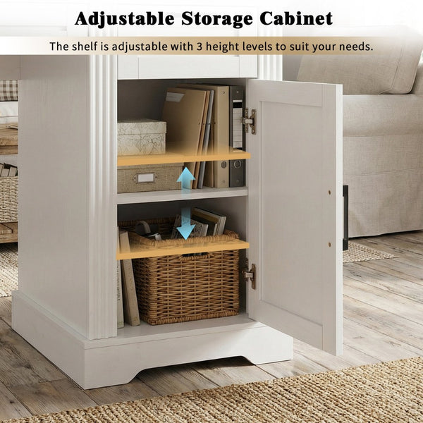 English Elm 59" Fluted Oak L-shaped Corner Desk with Charging Station Monitor Stand and File Storage White W2917S00006