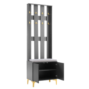 English Elm ON-TREND Modern Luxury Hall Tree with Cushioned Bench, Fluted Doors, 8 Gold Hooks & Adjustable Shelf Grey N721P192814E