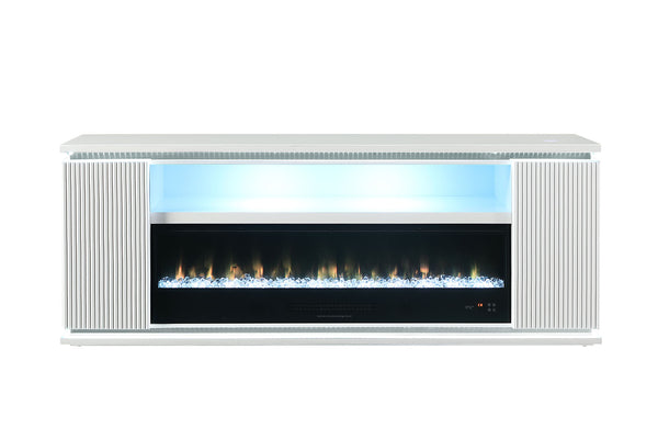 English Elm Contemporary TV Stand with Built-In Electric Fireplace, Heater, Glass Shelves & Modern Mixed-Material Finish White 21 L x 76 W x 33 H B2741P398852