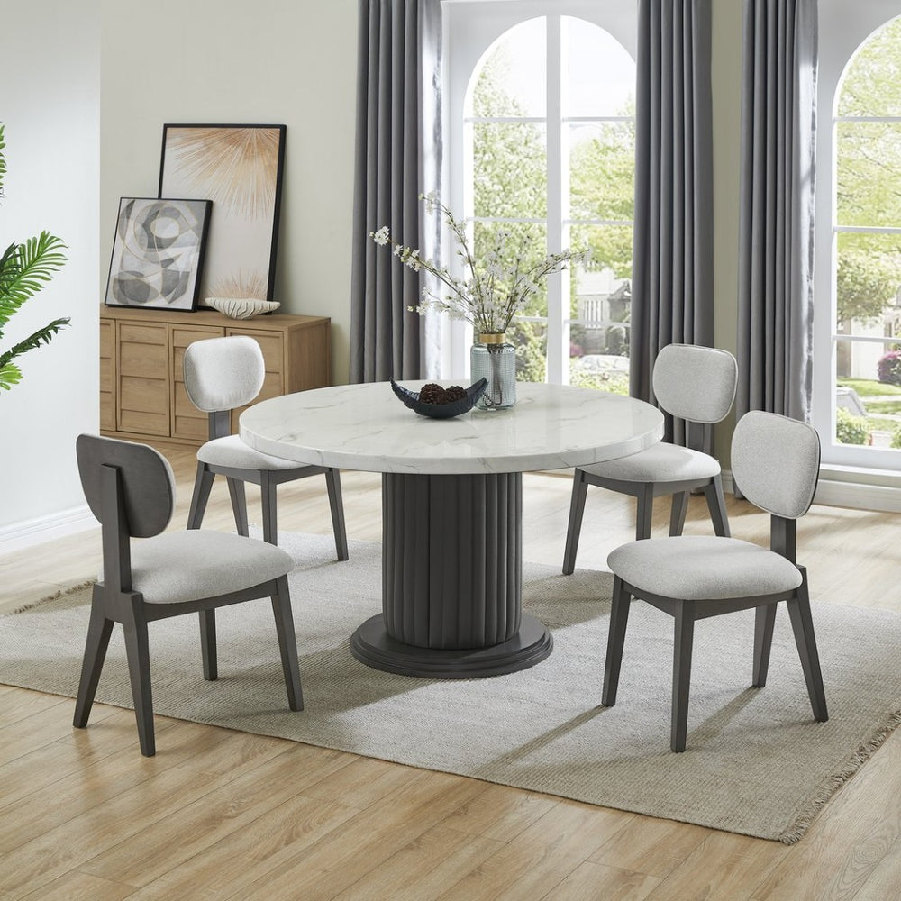 English Elm Venezia Round Faux Marble Pedestal Dining Set Seats Six with Upholstered Fabric Chairs B2749S00329
