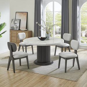 English Elm Venezia Round Faux Marble Pedestal Dining Set Seats Six with Upholstered Fabric Chairs B2749S00329