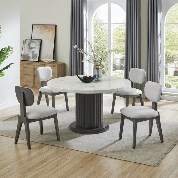 English Elm Venezia Round Faux Marble Pedestal Dining Set Seats Six with Upholstered Fabric Chairs B2749S00329