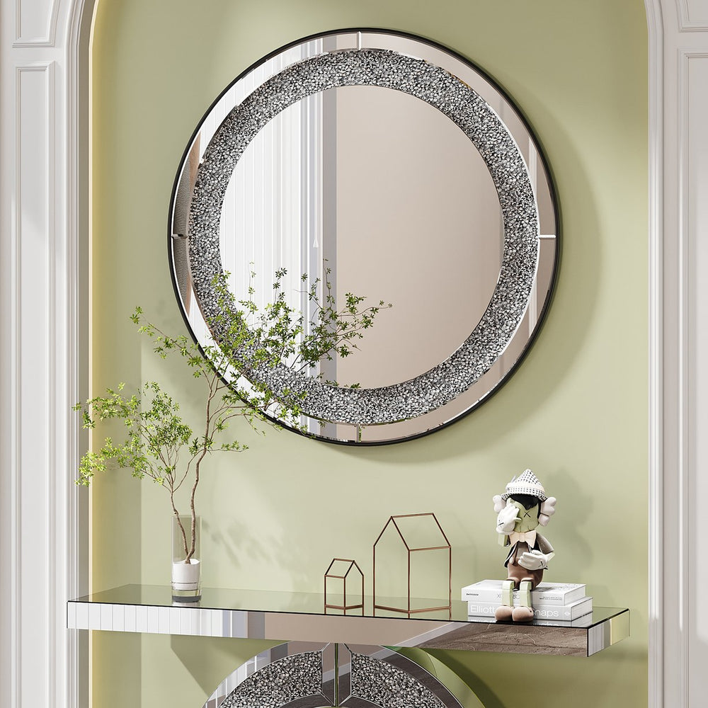 English Elm 33.46"(85cm)Crystal Radiant Diamond Mirror Silver Round Wall Art — Beveled Glass, Acrylic Sparkle W3836P361755