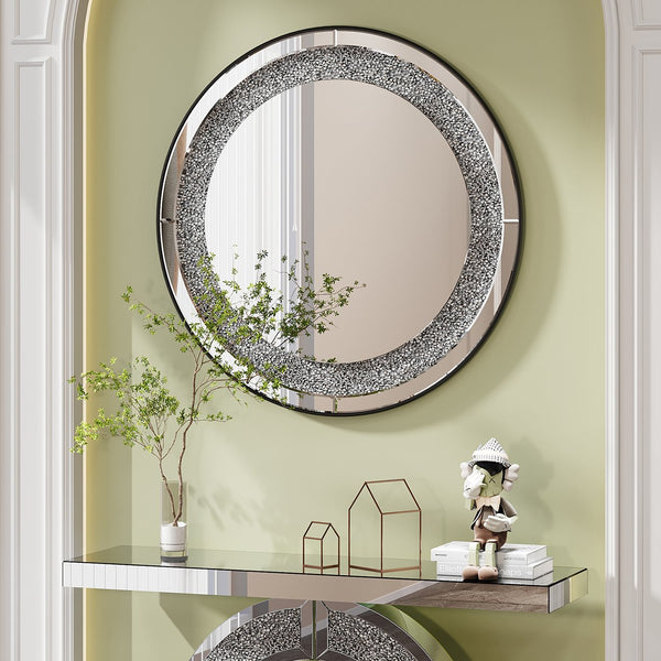 English Elm 33.46"(85cm)Crystal Radiant Diamond Mirror Silver Round Wall Art — Beveled Glass, Acrylic Sparkle W3836P361755