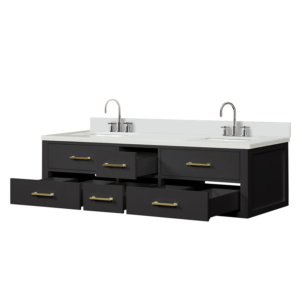 English Elm Black Double Bath Vanity With White Quartz Top, Chrome Faucet Set, Soft-Close Drawers, 72 In. W B2731P258067