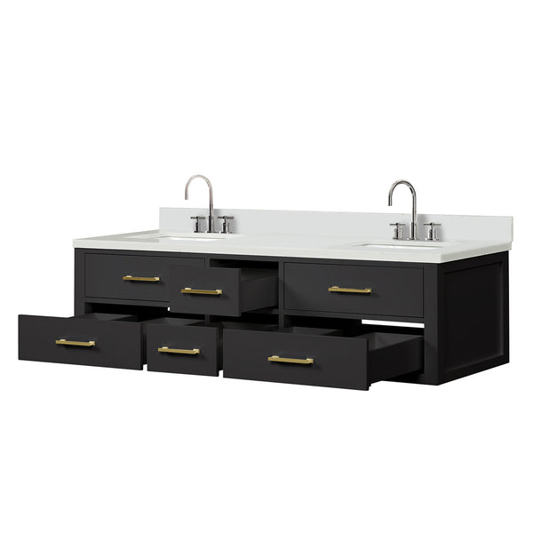 English Elm Black Double Bath Vanity With White Quartz Top, Chrome Faucet Set, Soft-Close Drawers, 72 In. W B2731P258067