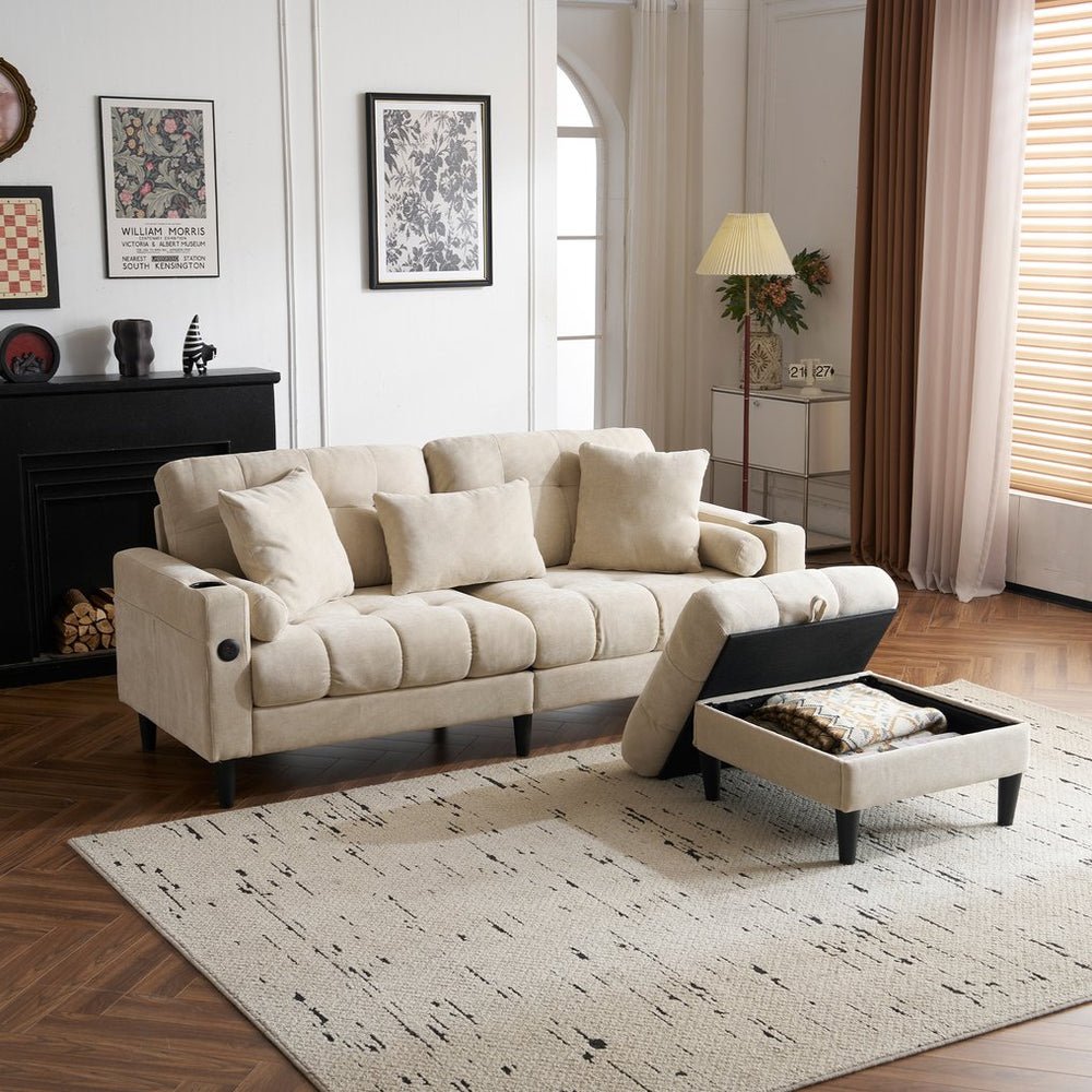 English Elm 3 Seat L Shaped chenille Sofa with Removable Storage Ottoman, USB-C & USB Ports, Cup Holders, Cozy Comfort Beige W2606P265176