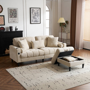 English Elm 3 Seat L Shaped chenille Sofa with Removable Storage Ottoman, USB-C & USB Ports, Cup Holders, Cozy Comfort Beige W2606P265176