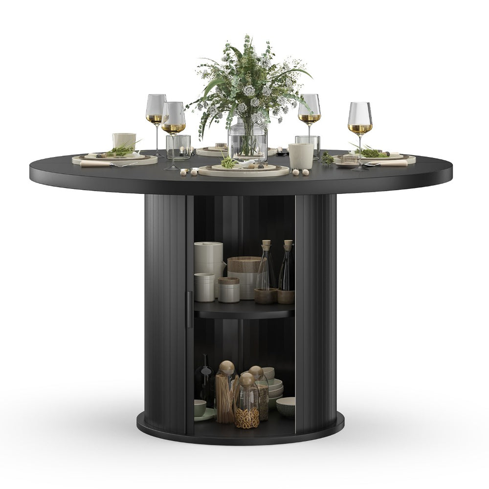 English Elm 43" Round Wood Dining Table with Geometric Metal Base Seats 4 Space Saving Modern Black T3623P433901