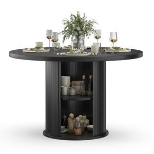 English Elm 43" Round Wood Dining Table with Geometric Metal Base Seats 4 Space Saving Modern Black T3623P433901