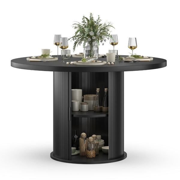 English Elm 43" Round Wood Dining Table with Geometric Metal Base Seats 4 Space Saving Modern Black T3623P433901