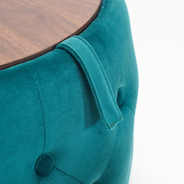 English Elm Ball Cast Round Nesting Ottoman Set Linen Upholstered Hidden Storage with Wooden Tray Blue W3163P379372