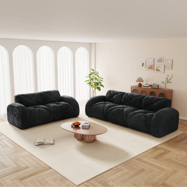 English Elm Three Seater Chenille Sofa with Ottoman Solid Wood Base Tufted Arms Living Room Black W714S01647