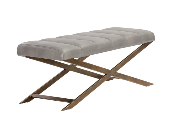 Sunpan Kammi Elegant Modern Bench with Antique Brass X-Base and Channel Tufting for Timeless Style Bravo Metal