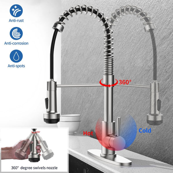 English Elm Kitchen Spring Coil Faucet Brushed Nickel Pull Down Sprayer Four Modes Stainless Steel T3177P316547