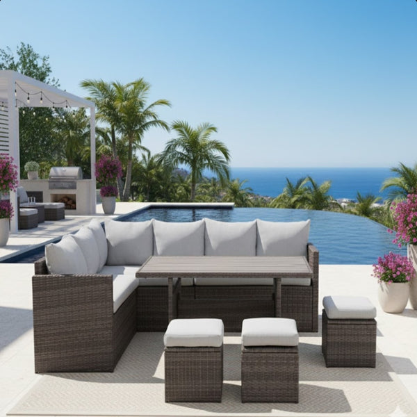 English Elm 7 Piece Outdoor Wicker Dining Set Modular Sectional Sofa Ottomans and Patio Table Grey+Brown B082S00077