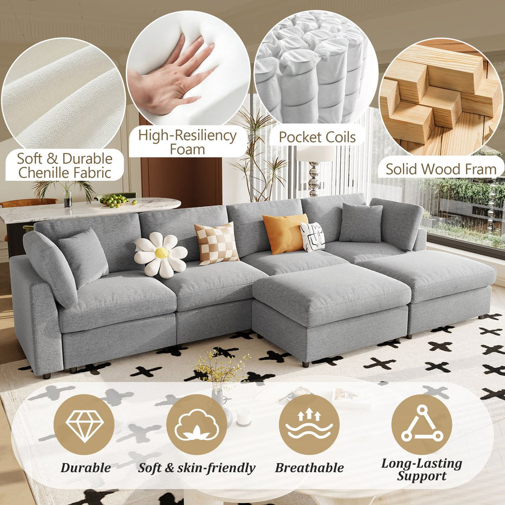 English Elm U_STYLE 130" U-shaped Modular Sectional Sofa with 2 Ottomans, Chenille Comfort, Pocket Coils, 6-Piece Flex Seating Grey WY000454AAE