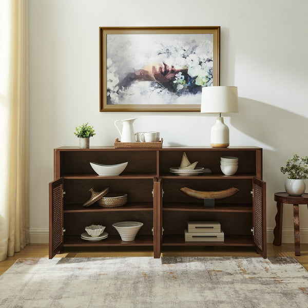 English Elm 63" Mid Century Modern Rattan Sideboard Buffet Cabinet with Adjustable Shelves, Durable Craftsmanship and Outlet Access for Living Room Storage and TV Console Walnut W1801P371658