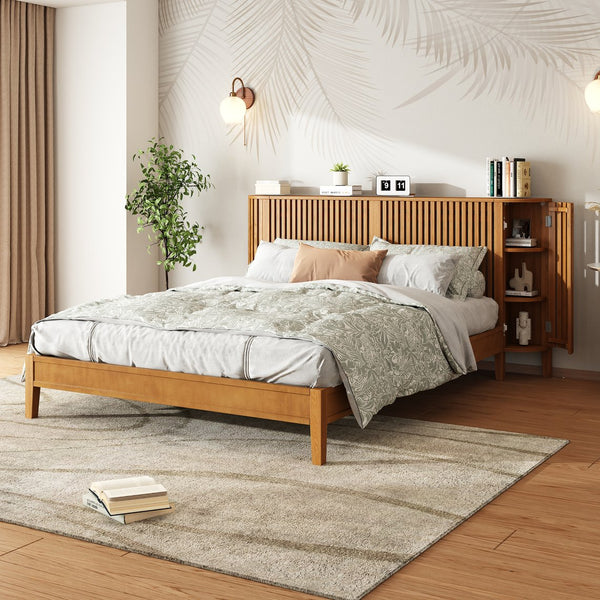 English Elm Christopher Knight Home® - Queen Solid Wood Bed with Slat Headboard, Dual 3-Layer Side Storage & Display Shelves, Sturdy Framing N758Q532728N