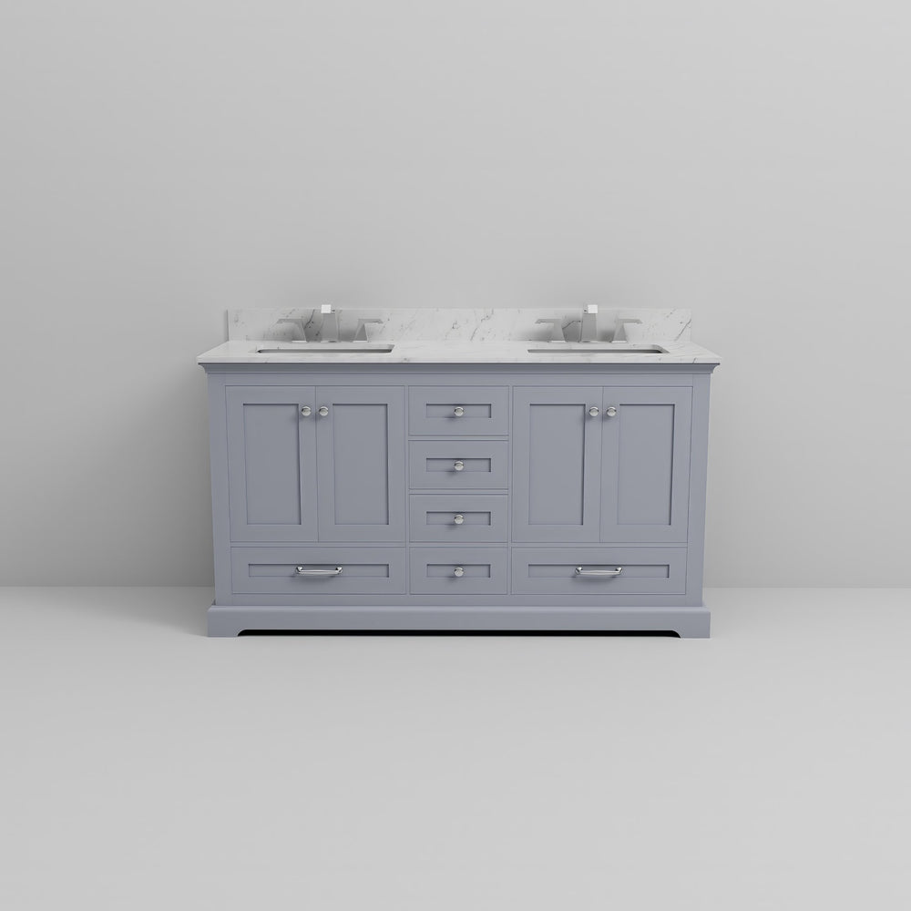 English Elm Dark Grey Double Bath Vanity 60 in W x 22 in D with Carrara Marble Top, Soft-Close Drawers & Faucet Set B2731P258375