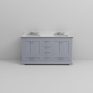 English Elm Dark Grey Double Bath Vanity 60 in W x 22 in D with Carrara Marble Top, Soft-Close Drawers & Faucet Set B2731P258375