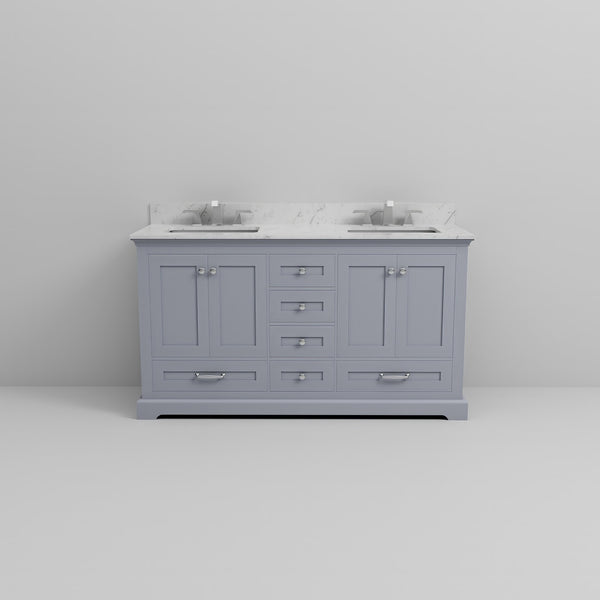 English Elm Dark Grey Double Bath Vanity 60 in W x 22 in D with Carrara Marble Top, Soft-Close Drawers & Faucet Set B2731P258375