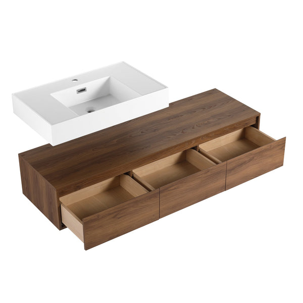 English Elm 60 Inch Wall-Mounted Bathroom Vanity With Resin Sink, Soft-Close Drawers & Floating Design Charm W999S00258
