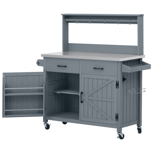 English Elm K&k Solid Fir Grill Cart Stainless Steel Top Outdoor Kitchen Station with Locking Wheels Grey+Blue N707P409087G