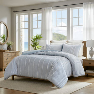 English Elm 3-piece King Yarn Dyed Cotton Duvet Set with Pompom Jacquard Stripe Percale Reverse Blue B035P482897