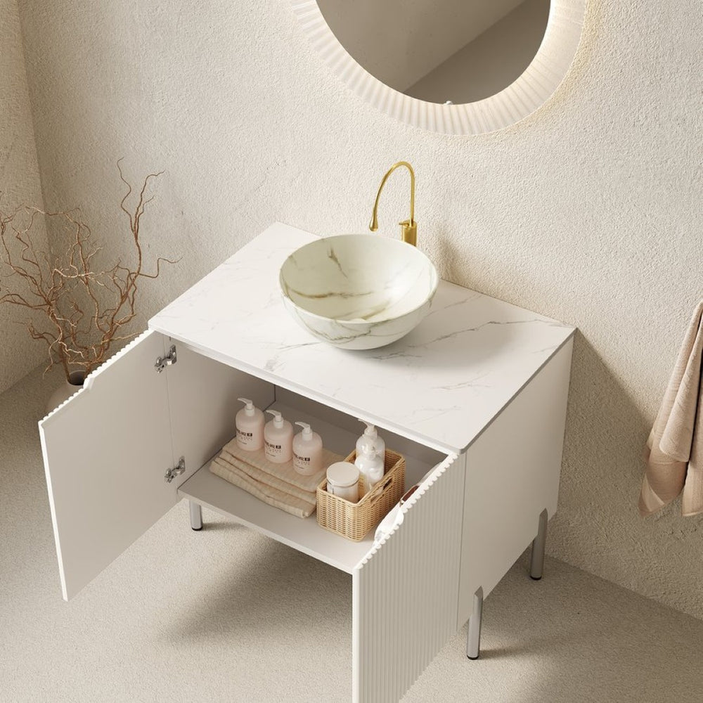 English Elm Turio Freestanding Bathroom Vanity Plywood Cabinet Sintered Stone Top Glass Basin W2615S00558