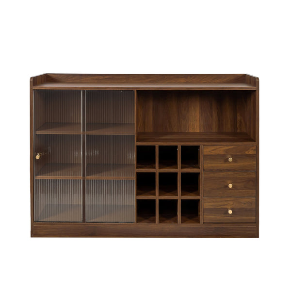 English Elm Sideboard Modern Sliding Striped Glass Doors, Freestanding Storage Cabinet for Wine Bottles and Bookshelf Organizer W331P286248