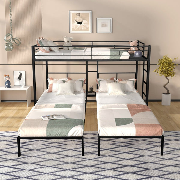 English Elm Triple Bunk Bed - Versatile L-Shaped Design, Sturdy Metal Frame, Noise-Free Slats & Built-In Side Table W427S00072-GIGA