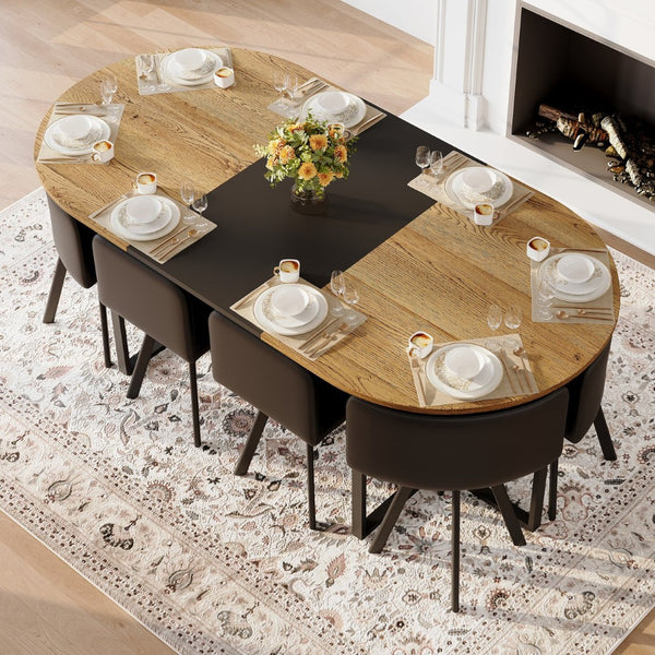 English Elm 9-piece Oval Dining Set Seats Eight with Two-tone Top and Pu Leather Chairs W3875S00105