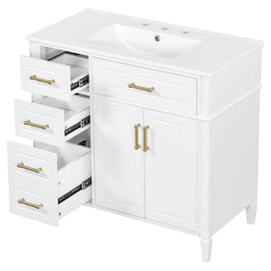 English Elm 36 Inch Freestanding Bathroom Vanity Sage Pine Cabinet Gold Hardware Ceramic Sink White N725P366466K