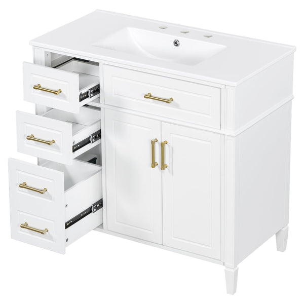 English Elm 36 Inch Freestanding Bathroom Vanity Sage Pine Cabinet Gold Hardware Ceramic Sink White N725P366466K