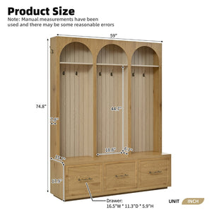 English Elm Farmhouse Hall Tree with Triple Arch Back Panel Eight Hooks Drawers and Entryway Bench N721S000071L