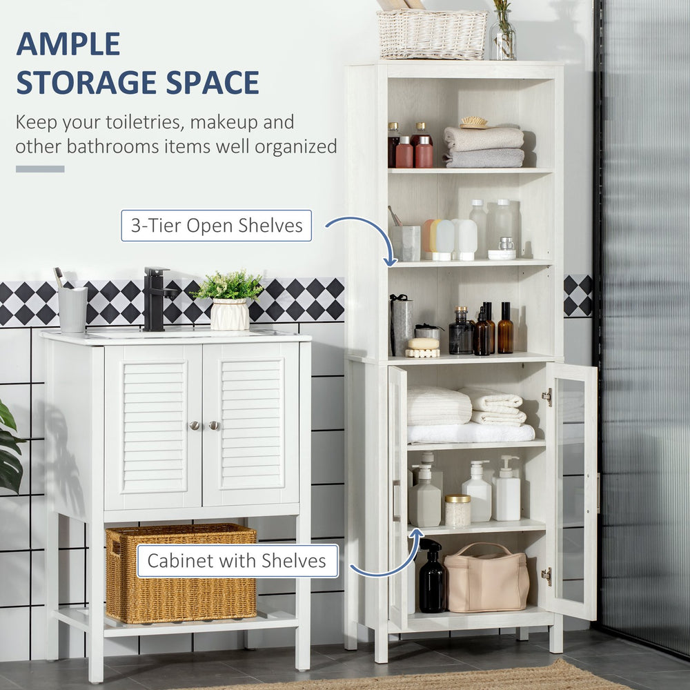 English Elm kleankin Tall Bathroom Cabinet with Glass Doors & 3-Tier Shelves, Freestanding Linen Tower, White W2225P173987