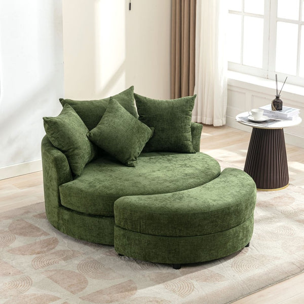English Elm Orisfur. 360° Swivel Barrel Chair with Storage Ottoman, Plush Chenille, Pocket Spring Seat, 4 Pillows Green WF323718AAF