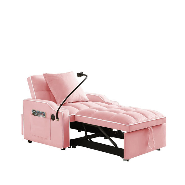 English Elm Sleeper Sofa Chair Velvet Convertible Armchair with Usb Charging for Small Spaces Pink W1359P458678