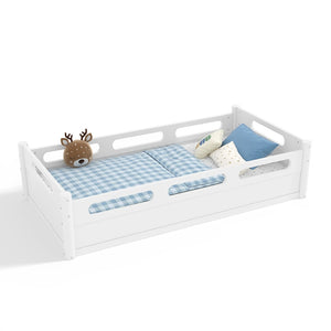 English Elm Twin Low Profile Floor Bed with Guardrails Pine Wood Frame Minimalist Bedroom White W1580P438763