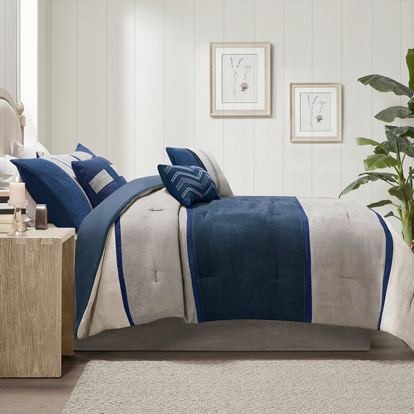 JLA Home Madison Park - 7 Palisades Faux Suede Comforter Set with Hypoallergenic Fill, Tonal Color Block & Embroidered Pillows 104 L x 92 W x 1.5H MP10-1318